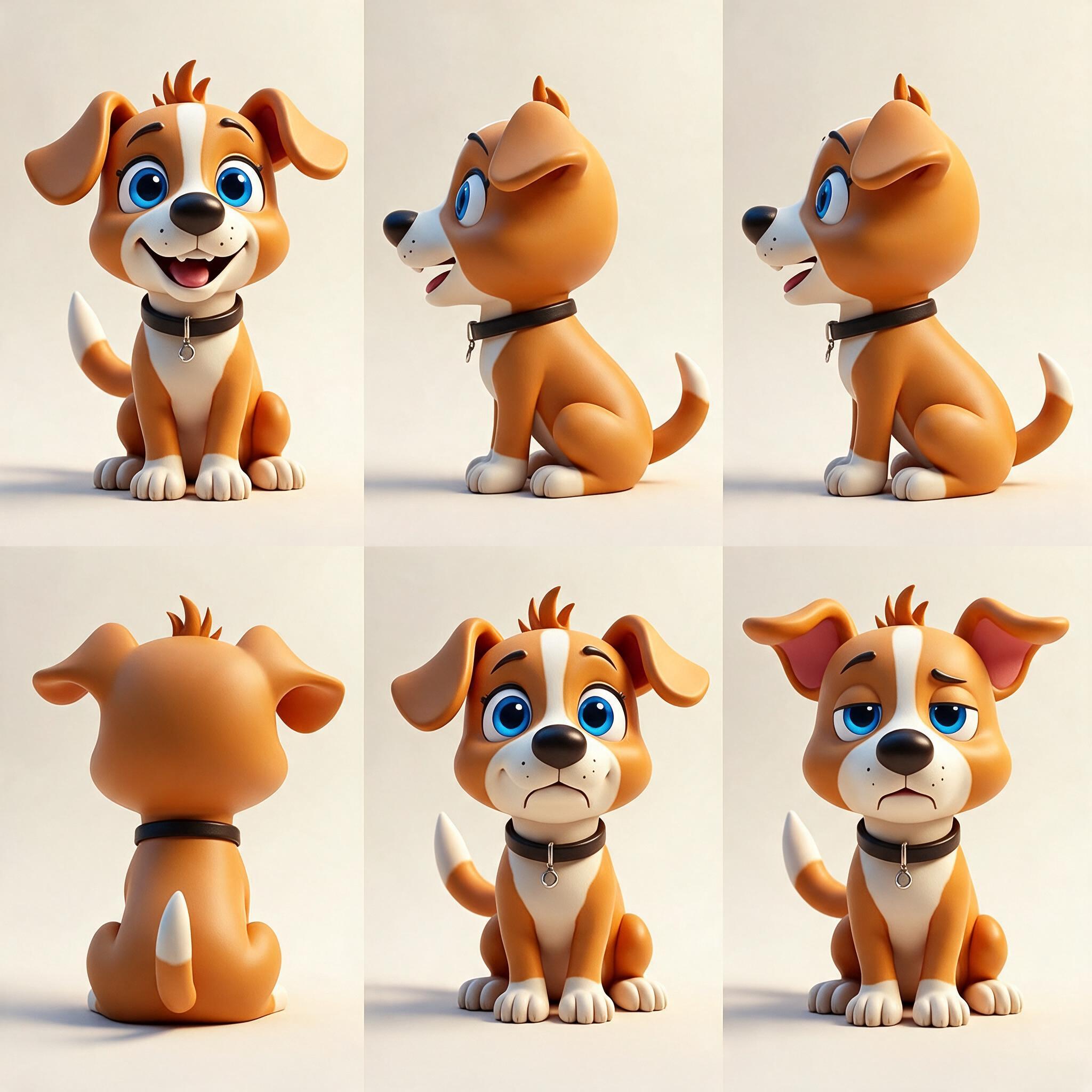 Character turnaround sheet — the lead puppy from three angles